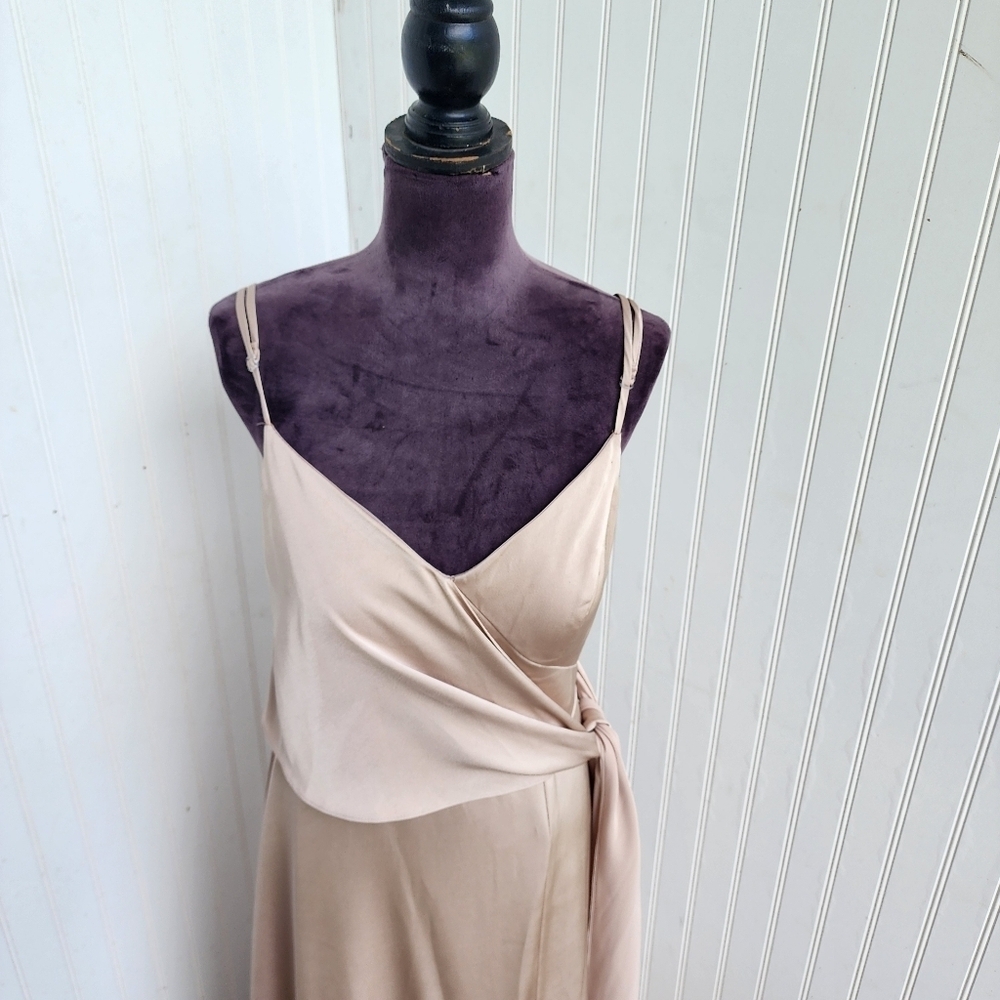 AW Bridal Satin Tank Straps Dress  Champagne Formal Front Slit Size 10 - Picture 2 of 13